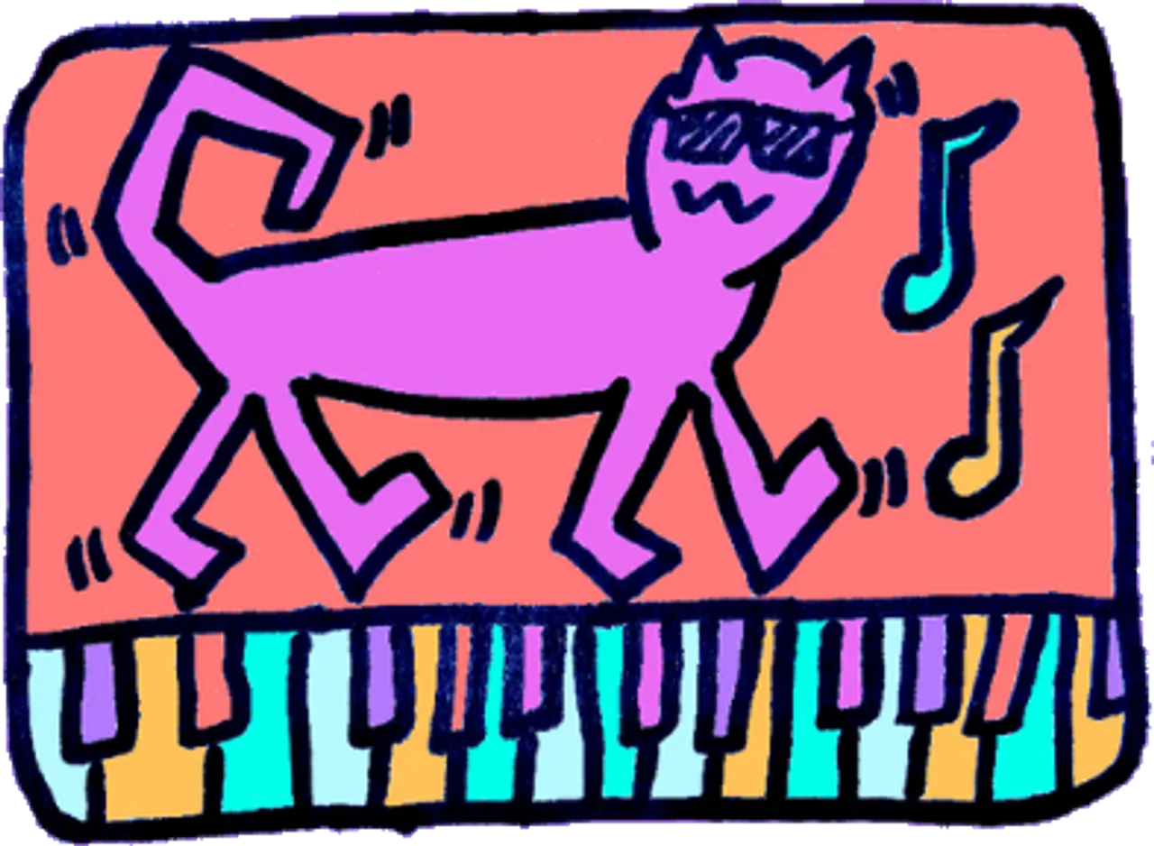 Cat dancing on piano keys.