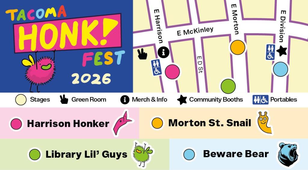 Map Harrison Honker stage on E McKinley & Harrison, Library Lil'Guys on Morton St, Morton St. Snail on Morton St & E McKinley, Beware Bare on E Division and E McKinley. Restrooms and Community Booths near Beware Bear Restrooms, Green Room and Merch & Info near Harrison Honker.